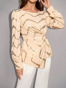 SHEIN Clasi Gold Foil In Mặt trước xoắn Vòng cổ Tay áo dài Áo sơ mi - Màu be - Xem 3