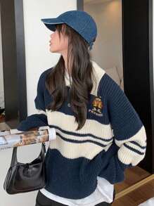 1pc Women's Cute Bear Embroidered Colorblock Polo Collar Sweater, Long Sleeve