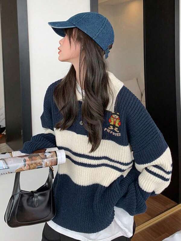 1pc Women's Cute Bear Embroidered Colorblock Polo Collar Sweater, Long Sleeve