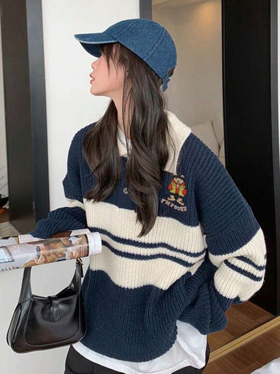 1pc Women's Cute Bear Embroidered Colorblock Polo Collar Sweater, Long Sleeve