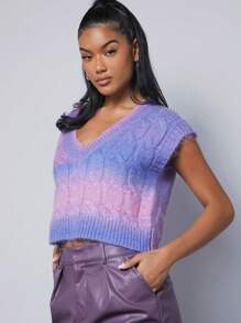 Hauture V Neck Ombre Cable Knit Crop Sweater Vest - Multicolor - View 5