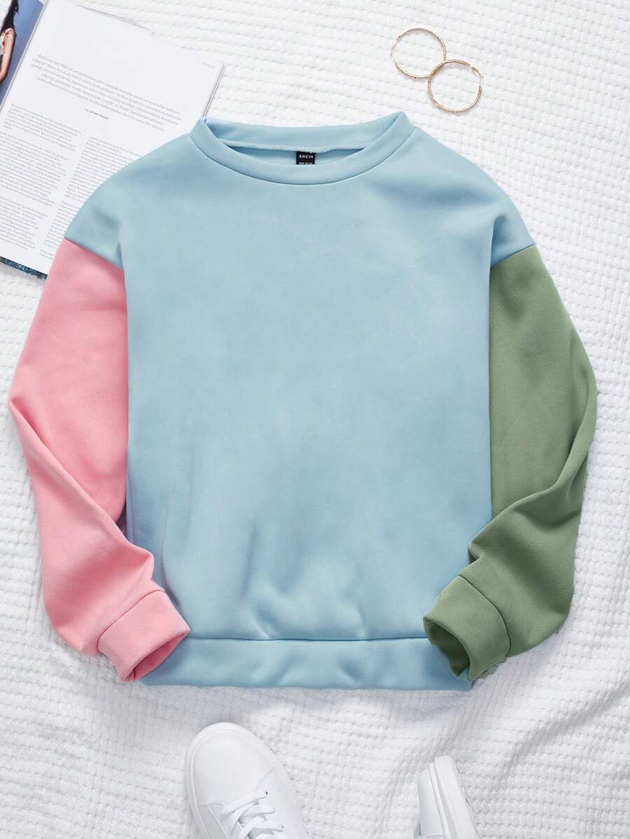 EURMUSE Colour Block Drop Shoulder Thermal Pullover - Multicolor - View 1