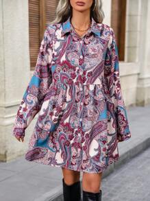 SHEIN Frenchy Ladies' Paisley Print Roll Sleeve Shirt Dress Winter Beach - Multicolor - View 3