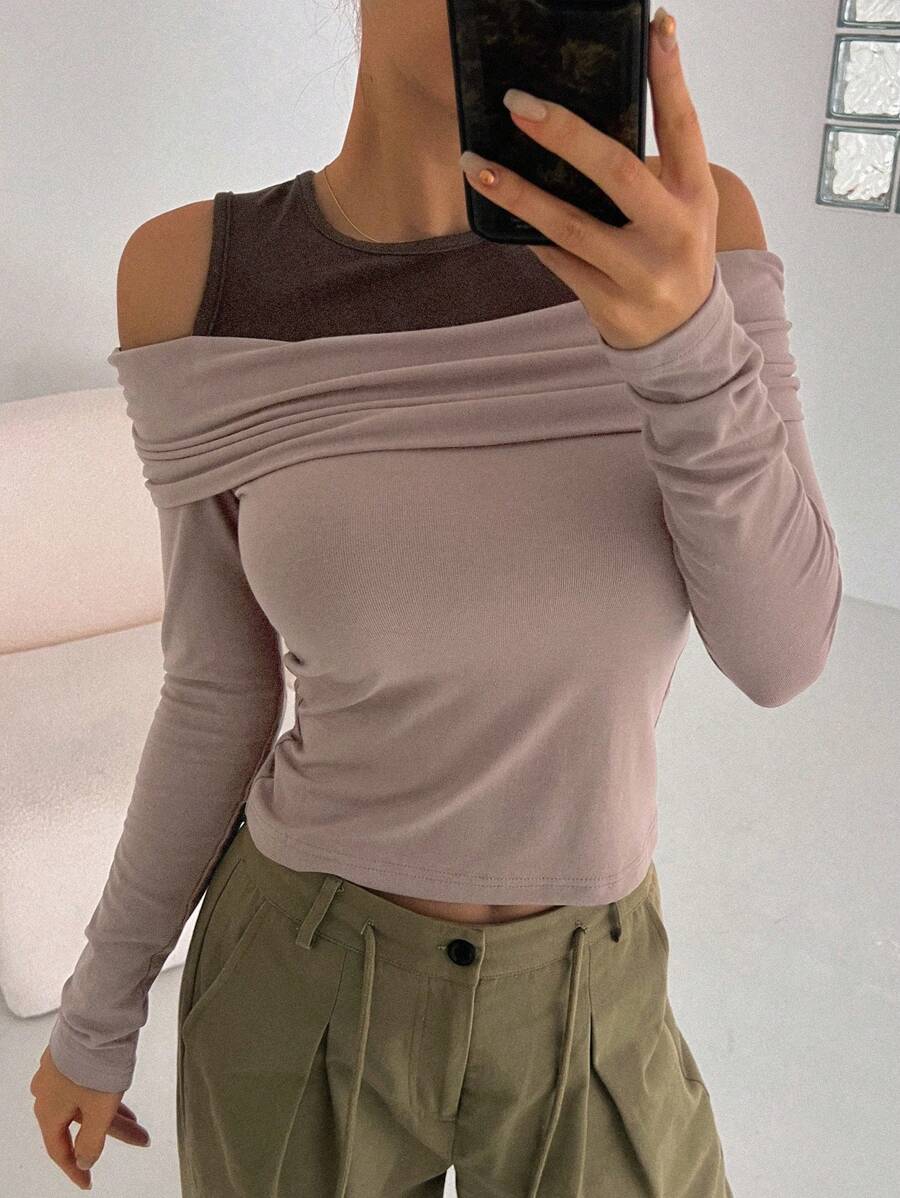 DAZY Color Block Cut Out Shoulder 2 In 1 T-Shirt Long Sleeve Women Tops - Khaki - View 1