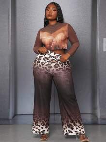 Slaydiva Plus Leopard Print Flare Leg Pants - Brown - View 2