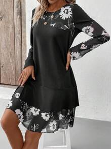 SHEIN LUNE 女用寬鬆休閒網眼花卉印花拼布連身裙 - 黑色 - 查看 6