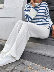 SHEIN Cottnline Striped Pattern Turtleneck Drop Shoulder Sweater & Knit Pants - Multicolor - View 4