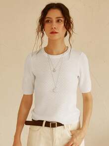 Knit Mix Women's Spring/Summer Knitted French Commuter Solid Color Round Neck Short Sleeve Floral Regular Fitted T-Shirt (Floral Pattern Random)