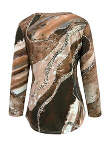 Women's Marble Print Curved Hem T-Shirt - Camel - View 6