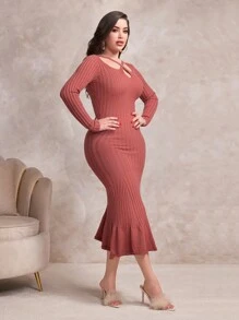 Modelyn Vestido De Suéter Con Cola De Pescado Hueca De Color Sólido Para Mujer - Óxido marrón - Ver 5