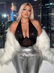 Women's Plus Size New Years Mesh Splice Halterneck Top With Rhinestone Decor - Black - View 1