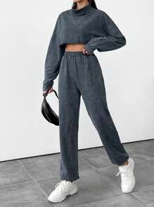 EURMUSE Solid Color Stand Collar Drop Shoulder Cropped Top And Straight Pants - Multicolor - View 1