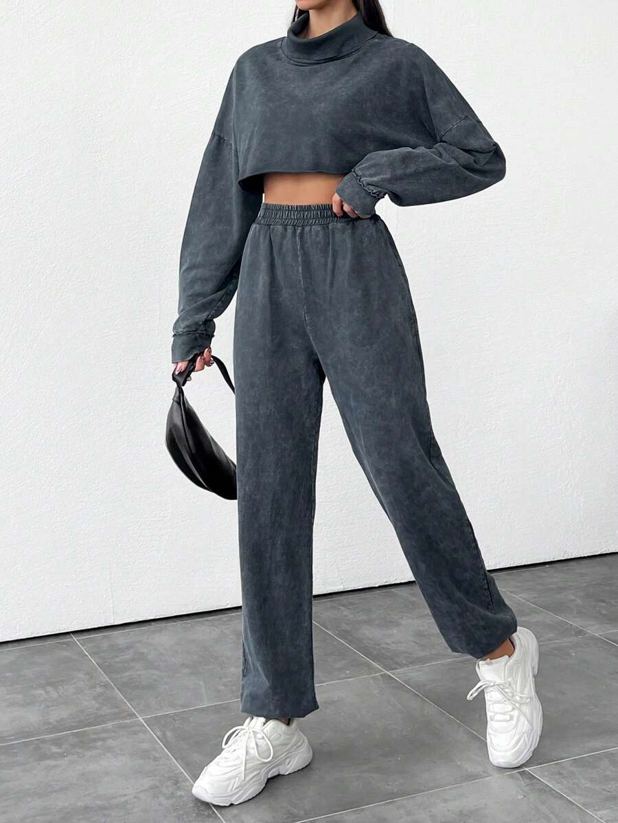 EURMUSE Solid Color Stand Collar Drop Shoulder Cropped Top And Straight Pants - Multicolor - View 1