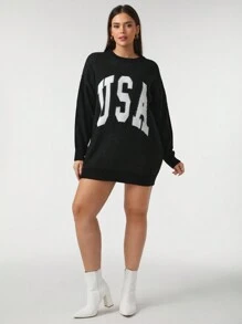 SHEIN EZwear Plus Size Letter Pattern Drop Shoulder Sweater - Black and White - View 3