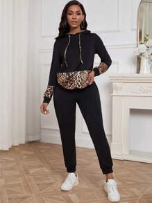 SHEIN Unity 女性豹紋拼接束口連帽衫和褲子套裝 - 黑色 - 查看 6