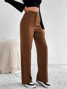 SHEIN Tall 高腰直筒純色長褲 - 棕色 - 查看 6