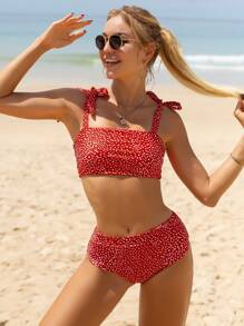 Swim Mod Ladies' Solid Polka Dot Bikini Set Summer Beach - Red and White - View 5