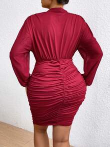 SHEIN LUNE Women's Plus Size Pleated Knot Neckline Dress - Red - View 3