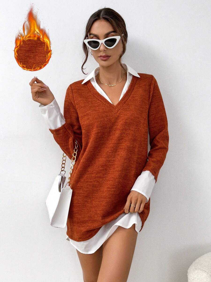 SHEIN Essnce Mulheres Vestido - Caqui - Ver 1