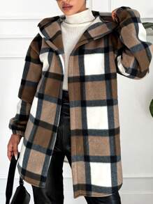 EURMUSE Women's Plaid Hooded Drop Shoulder Front Open Cardigan