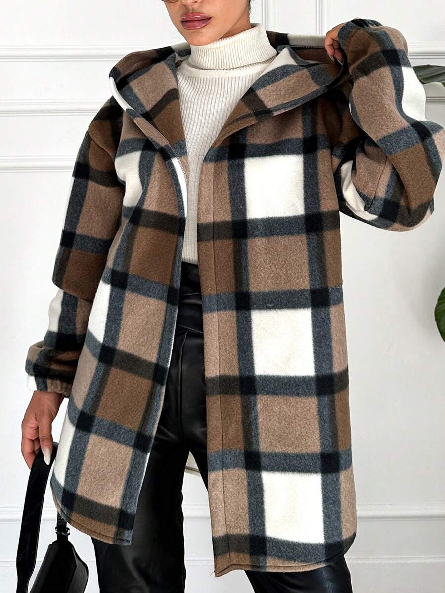 EURMUSE Women's Plaid Hooded Drop Shoulder Front Open Cardigan