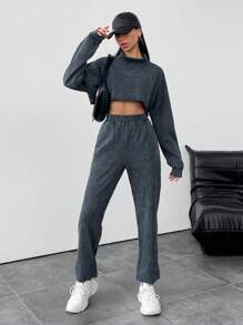 EURMUSE Solid Color Stand Collar Drop Shoulder Cropped Top And Straight Pants - Multicolor - View 3