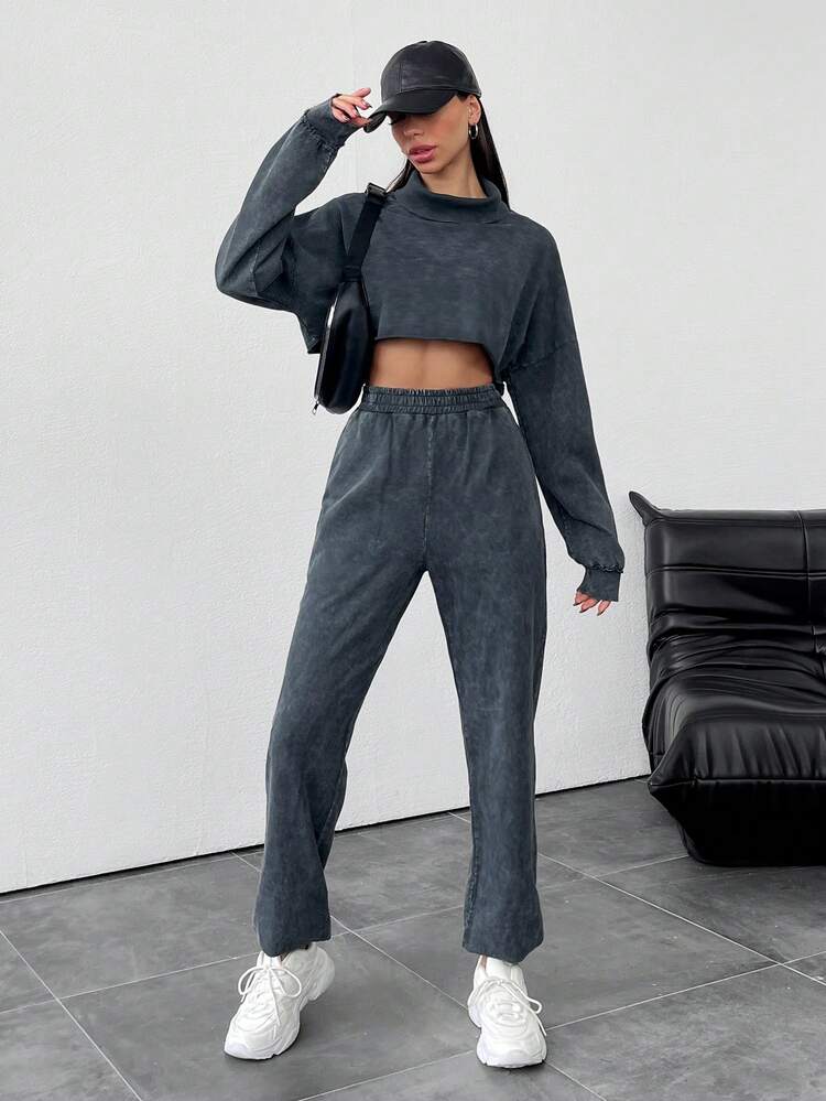 EURMUSE Solid Color Stand Collar Drop Shoulder Cropped Top And Straight Pants - Multicolor - View 3