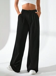 Daily&Casual Solid Color High Waisted Straight Leg Casual Sports Pants - Black - View 8