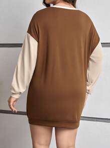 SHEIN Essnce 女款大尺碼拼色落肩運動衫 - 棕色 - 查看 2