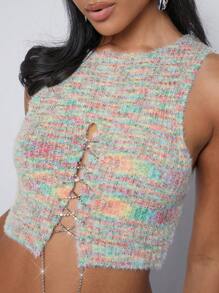 Hauture Space Dye Lace Up Crop Sweater Top - Multicolor - View 7