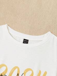 SHEIN EZwear Plus Size Slogan Printed Short Sleeve T-Shirt - White - View 3