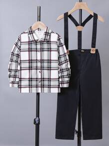 SHEIN 幼童男孩學院風格格紋折領襯衫和工裝背帶套裝 - 彩色 - 查看 1