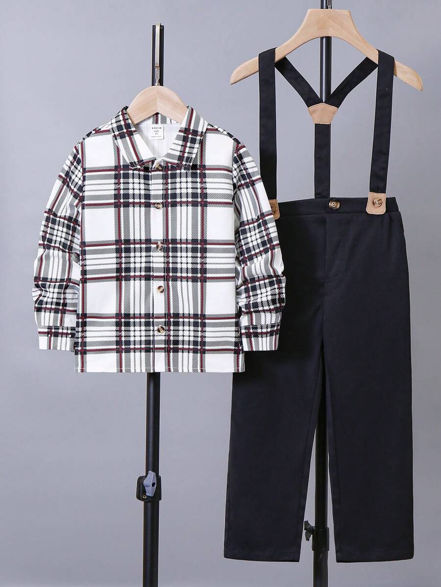 SHEIN 幼童男孩學院風格格紋折領襯衫和工裝背帶套裝 - 彩色 - 查看 1