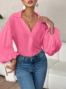 SHEIN Privé Women's Elegant Resort & Office Stylish Lantern Sleeve Button V-Neck Polka Dot Print White Shirt Old Money Quiet Luxury Fall Clothes Work Women Blouses Fall Blouses - Hot Pink - View 5