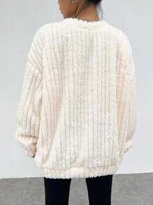 SHEIN EZwear 春季连衣裙纯色落肩泰迪运动衫，女士冬季休闲长袖圆领超大常规白色落肩套头衫女式连帽衫，长袖上衣 - 白色 - 查看 2
