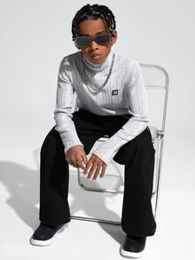 SHEIN 男孩撞色肋織t卹,配有鈕扣細節,適合青少年 - 灰色 - 查看 4