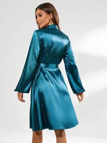 GENKIRA Wrap Front Lantern Sleeve Long Sleeve Dress Fall Cloth For Women - Teal Blue - View 2