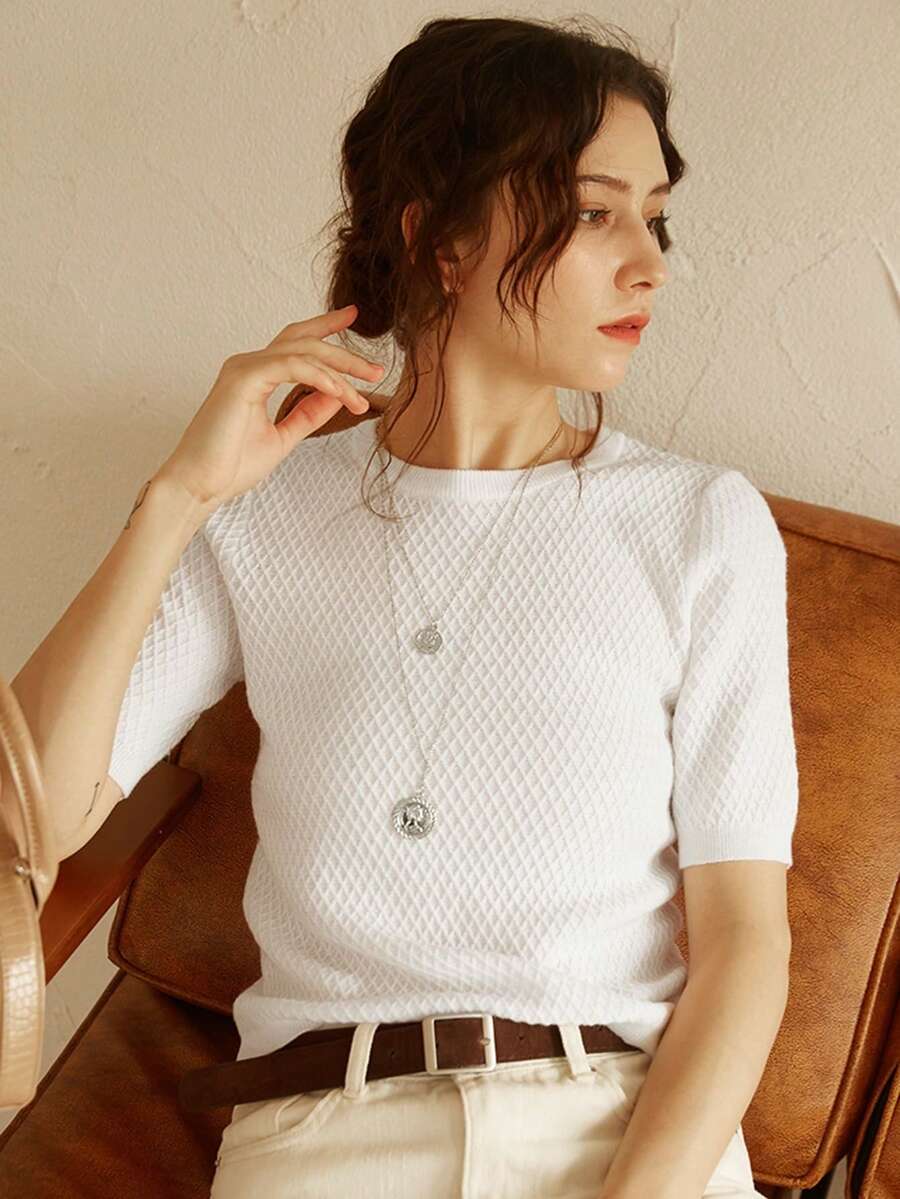 Knit Mix Women's Spring/Summer Knitted French Commuter Solid Color Round Neck Short Sleeve Floral Regular Fitted T-Shirt (Floral Pattern Random)