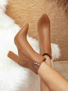 Styleloop Fashionable Women's Printed Splice Short Boots With Pointed Toe, Super High Thick Heel, Suitable For Parties, Motorcycle - Rust Brown - View 3