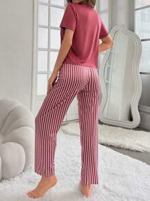 Women's Letter Printed T-shirt And Striped Pants Pajama Set