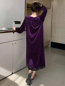 女士絲絨甜心領睡衣裙 - 紫色 - 查看 2