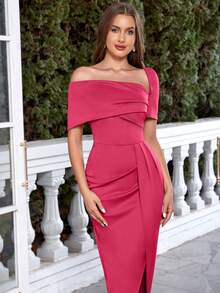 Women's Elegant Off Shoulder Sexy Asymmetric Ruched Slit Dress - Hot Pink - View 3