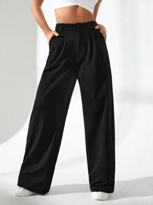 Daily&Casual Solid Color High Waisted Straight Leg Casual Sports Pants - Black - View 2