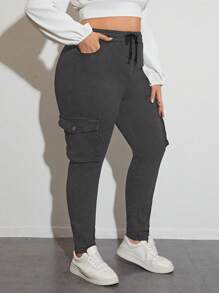 大尺寸斜口袋抽繩腰工人牛仔褲 - 灰色 - 查看 1