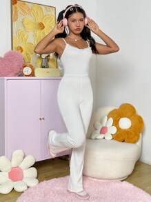 SHEIN EZwear 女性鉤花拼接細肩帶喇叭褲連體褲 - 白色 - 查看 3
