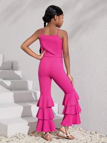 SHEIN Leap Crew Girls Solid Cami Top & Flare Leg Trousers - Hot Pink - View 2