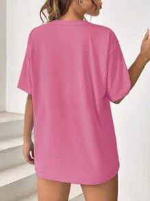 SHEIN EZwear 花花束印花寬鬆短袖 T 卹 - 玫紅色 - 查看 2