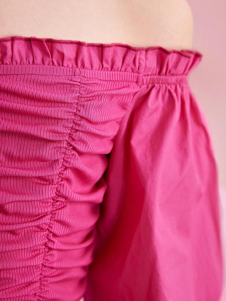 Tween Girls' Knitted Solid Color Off Shoulder Dress With Ruched For Elegant Look