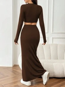 SHEIN EZwear 春季女士方領純色上衣半身長裙套裝 - 棕色 - 查看 2