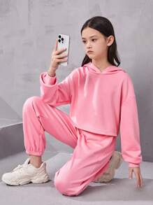 SHEIN Toddler Girls' Knit Round Neck Long Sleeve Hooded Sweatshirt And Pants Set For Casual Wear - Baby Pink - View 1